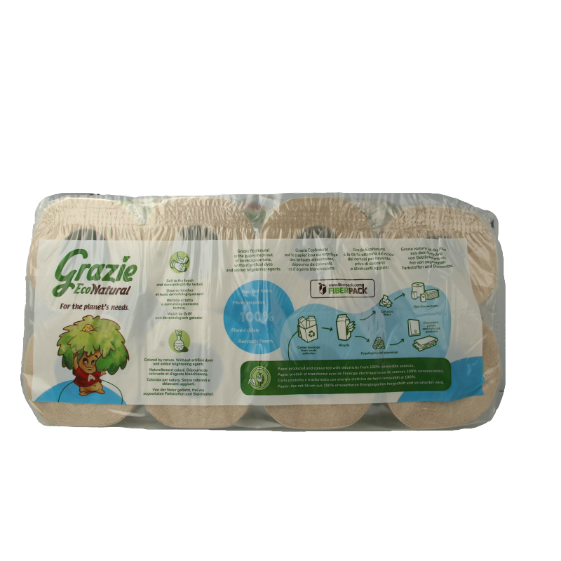 Grazie Natural 3-laags toiletpapier, 8 stuks, soft and absorbent toilet paper rolls with eco-friendly design.