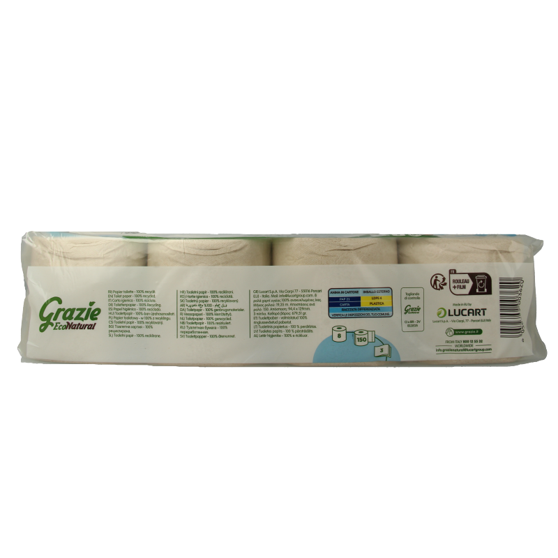 Three-pack of Grazie Natural 3-layer toilet paper rolls, showing soft, white, eco-friendly toilet paper with packaging.