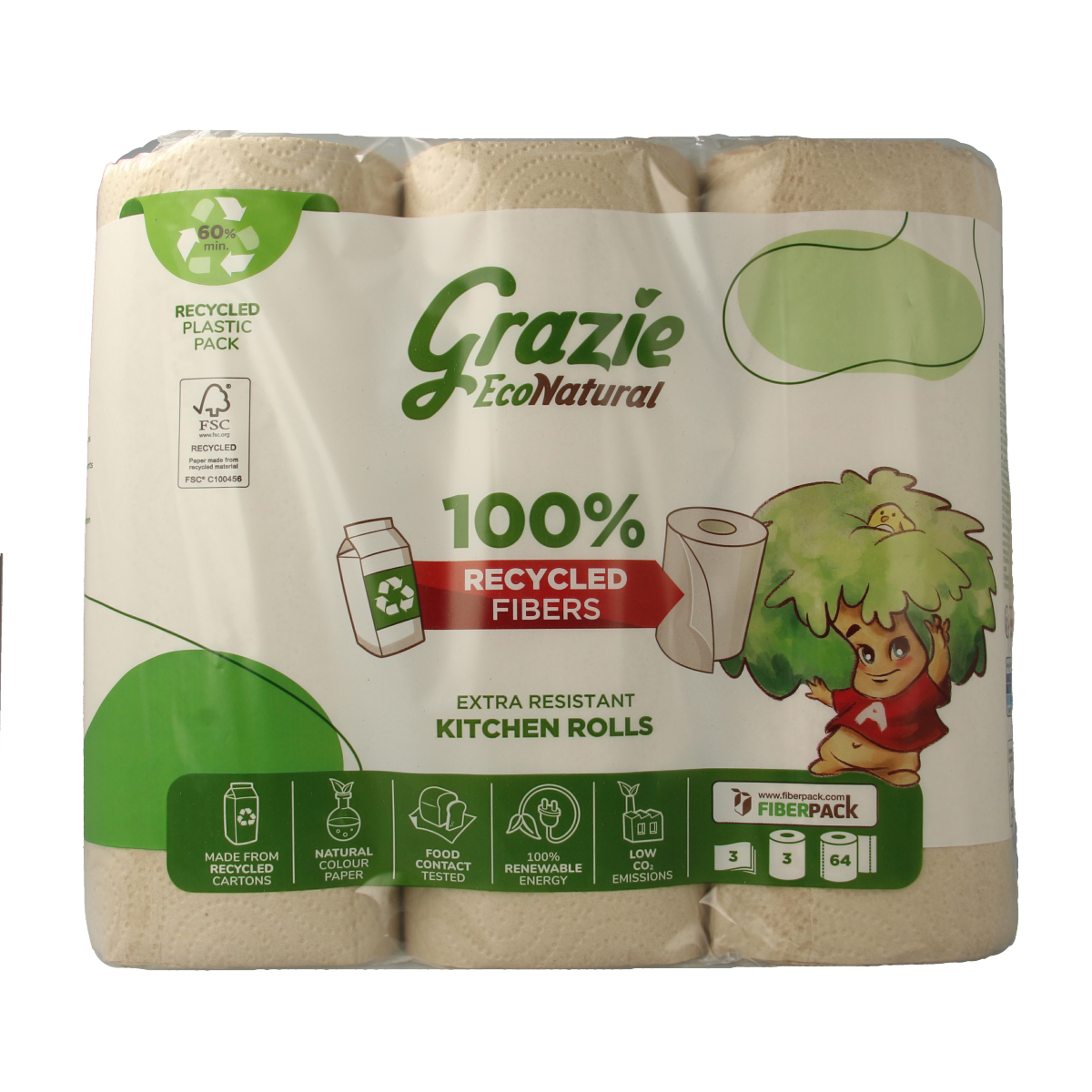 Grazie Natural 3-layer kitchen paper towels, 3-pack, showing soft, absorbent white toilet paper rolls for household use.
