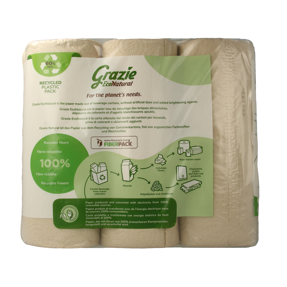 Grazie Natural 3-layer kitchen paper towels, 3-pack, featuring soft, absorbent toilet paper with natural ingredients.