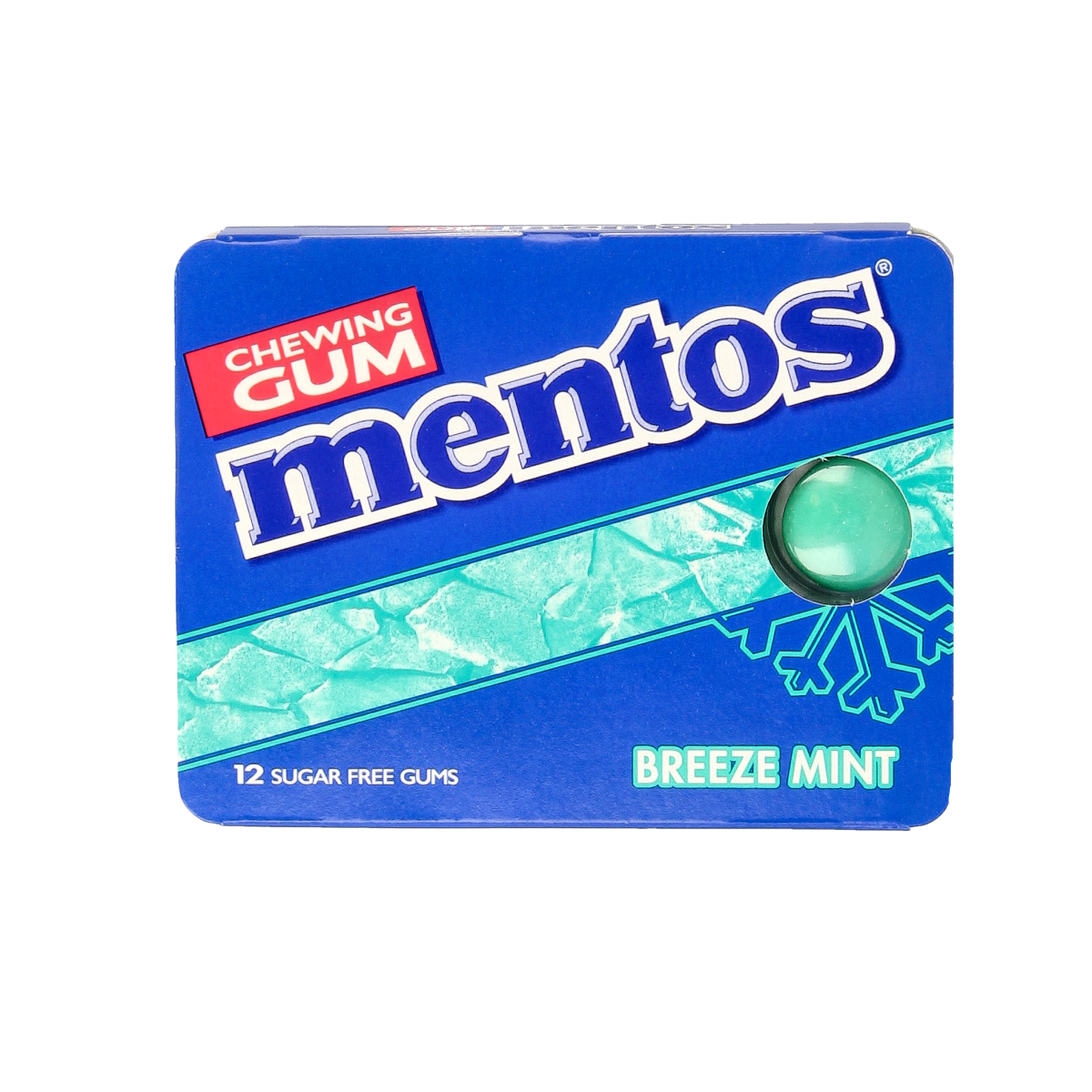 Mentos Breeze Mint gum pack with 12 pieces, showing Mentos branding and fresh mint flavor packaging.