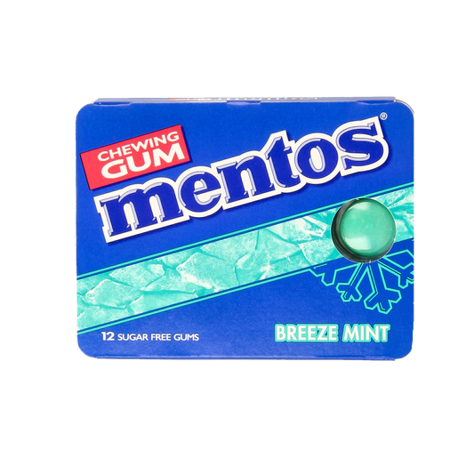 Mentos Breeze Mint gum pack with 12 pieces, showing Mentos branding and fresh mint flavor packaging.