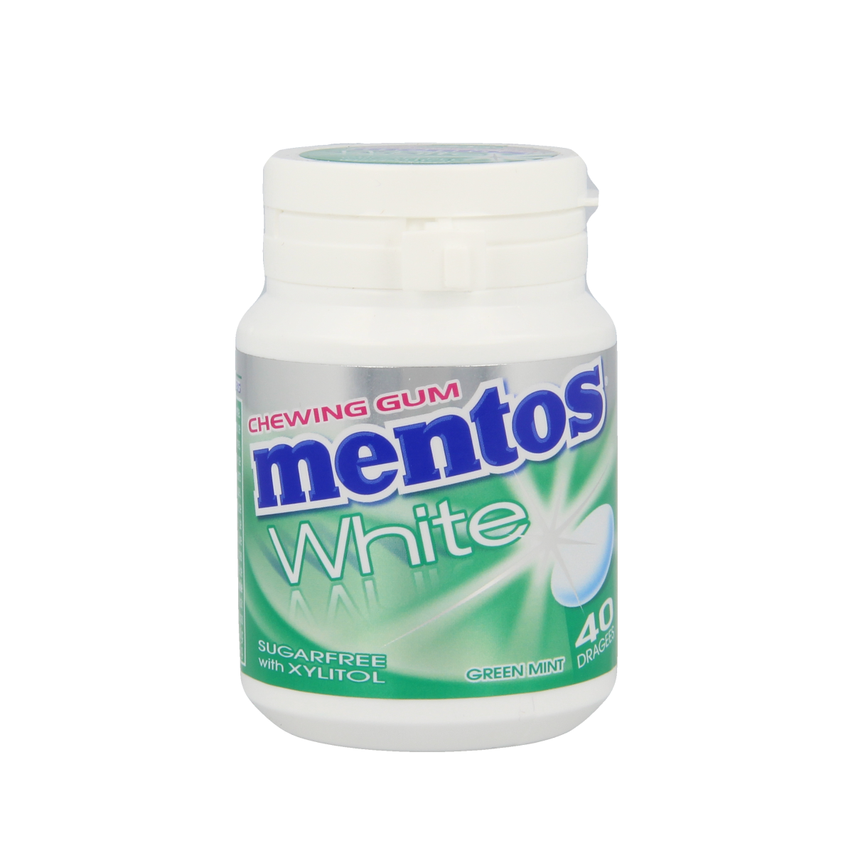 Green Mentos Gum in a white pot, 40 pieces, fresh mint flavor, by Mentos, showing the colorful packaging and gum pieces inside.