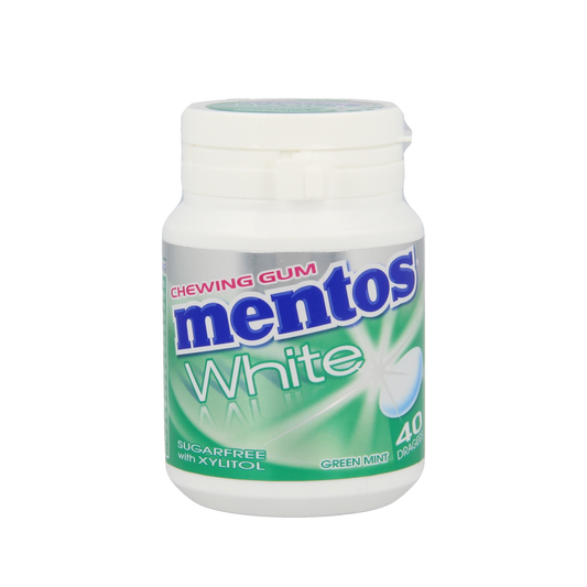 Green Mentos Gum in a white pot, 40 pieces, fresh mint flavor, by Mentos, showing the colorful packaging and gum pieces inside.