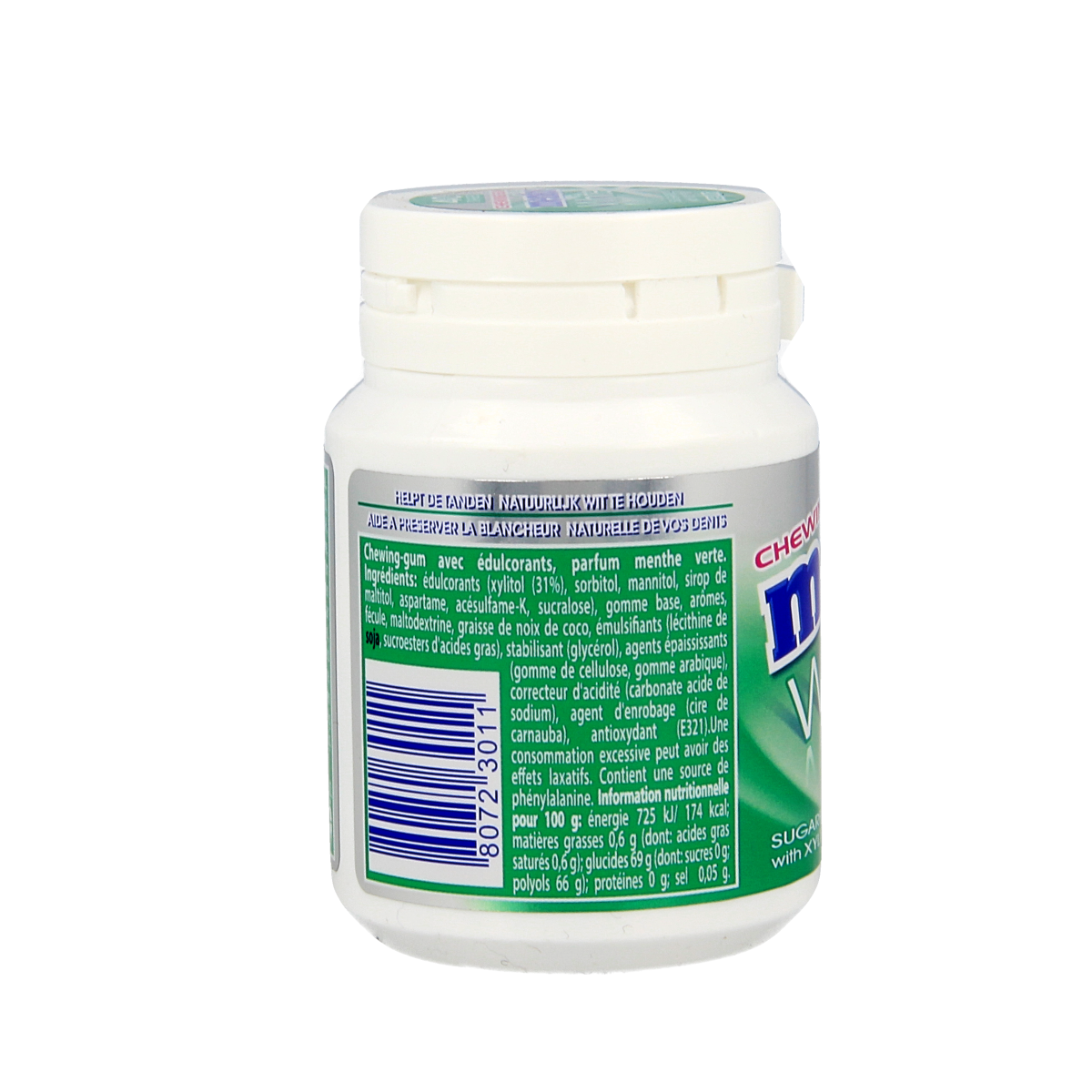 GreenMint Mentos gum in white pot, 40 pieces, fresh peppermint flavor, packaged as a candy snack from Mentos.