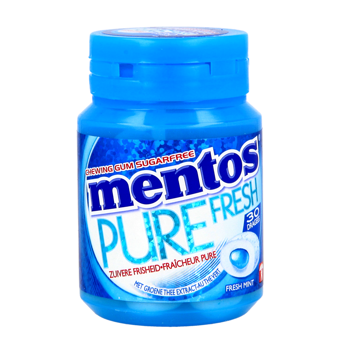 Mentos Pure Fresh Mint pot containing 30 pieces of mint-flavored chewy candies in a clear plastic container.