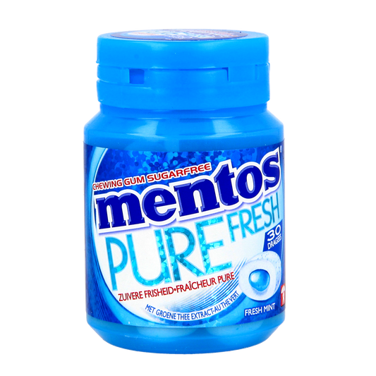 Mentos Pure Fresh Mint pot containing 30 pieces of mint-flavored chewy candies in a clear plastic container.