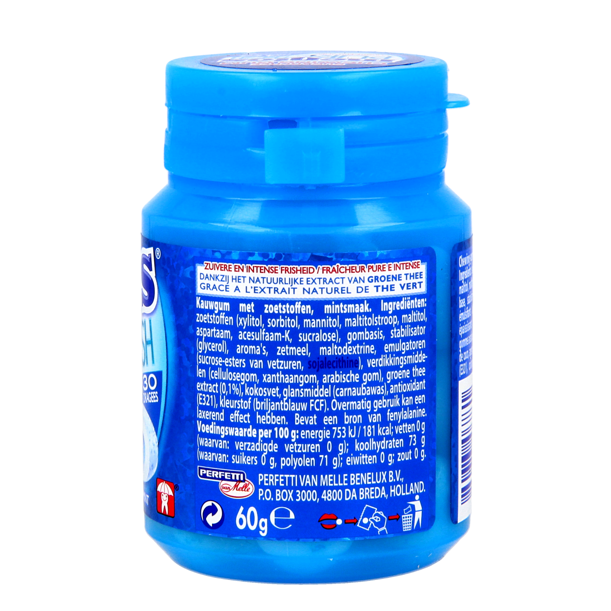 Mentos Pure Fresh Mint candies in a pot, fresh mint flavor, 30 pieces, Mentos brand, close-up of the candy container.