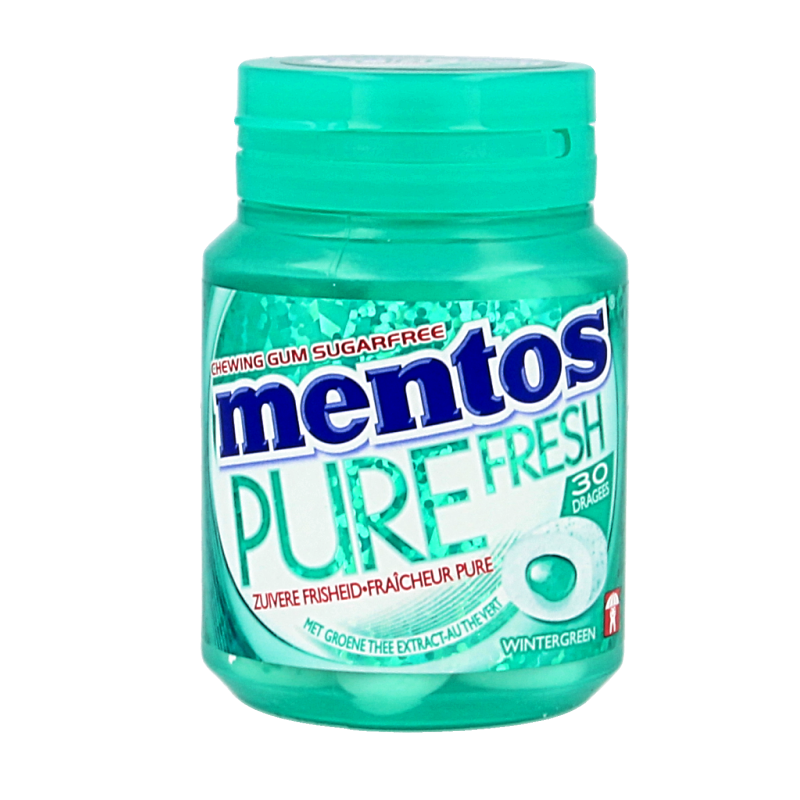 Mentos Gum Pure Wintergreen pot with 30 pieces, showing the green mint-flavored chewing gum in a clear container.