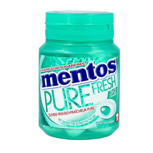 Mentos Gum Pure Wintergreen pot with 30 pieces, showing the green mint-flavored chewing gum in a clear container.