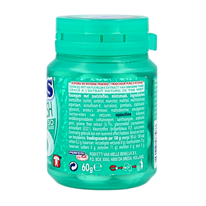 Mentos Gum Pure Wintergreen pot with 30 pieces, showing green wintergreen-flavored chewing gum in a clear plastic container.