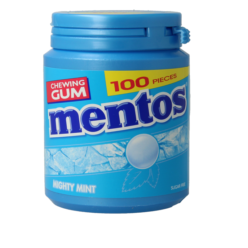 Mentos Gum XL Mighty Mint pot with 150 grams of fresh mint-flavored chewing gum, in a clear plastic container.