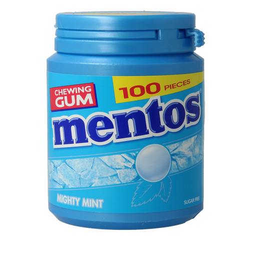Mentos Gum XL Mighty Mint pot with 150 grams of fresh mint-flavored chewing gum, in a clear plastic container.