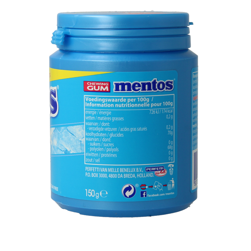 Mentos Gum XL Mighty Mint pot with 150 grams of fresh mint-flavored chewing gum, shown in a clear container.