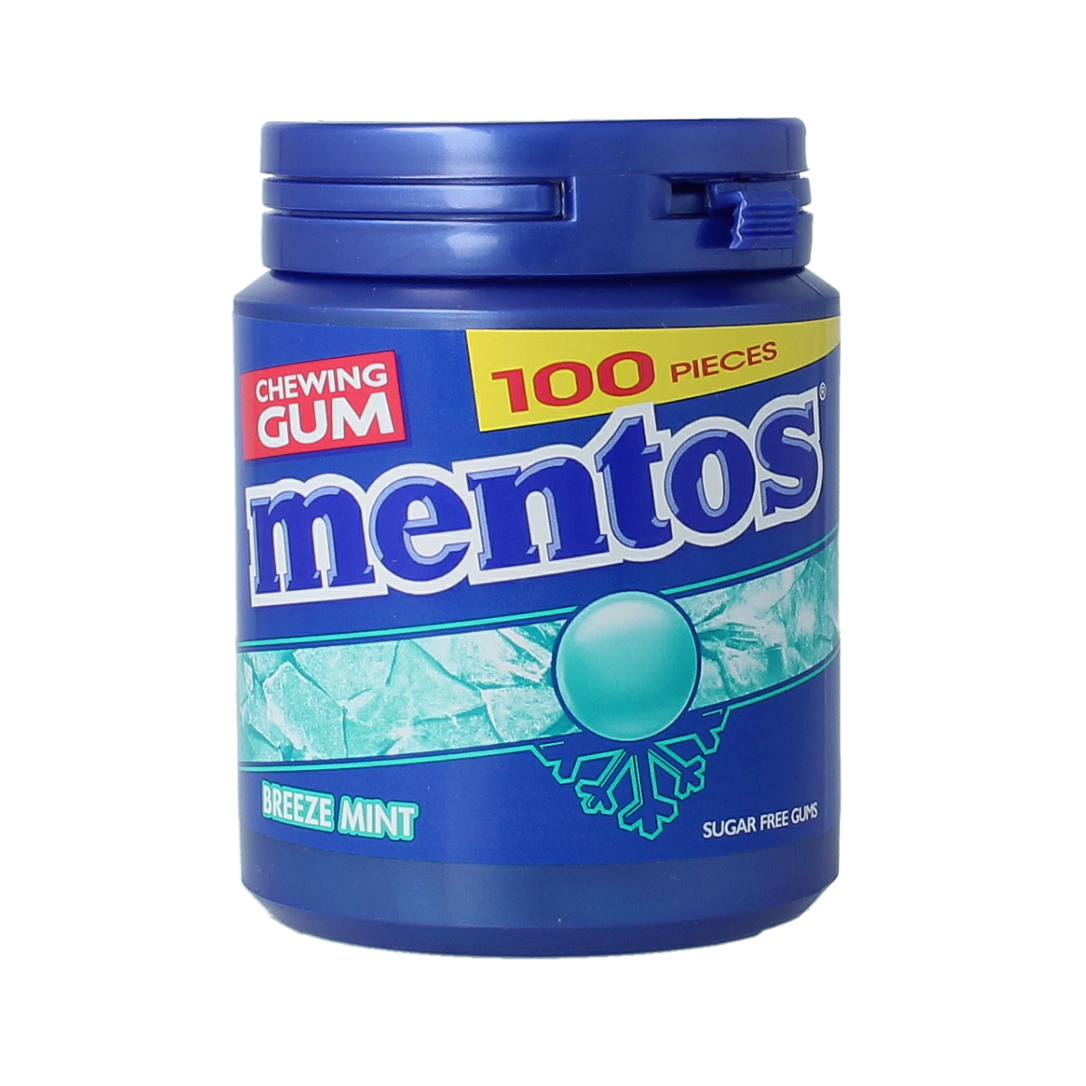 Mentos Breeze Mint Gum pack with 100 pieces, showing colorful gum packs in a retail display.