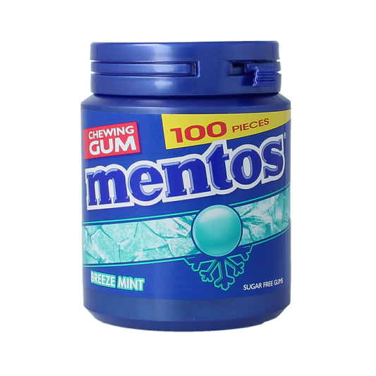 Mentos Breeze Mint Gum pack with 100 pieces, showing colorful gum packs in a retail display.