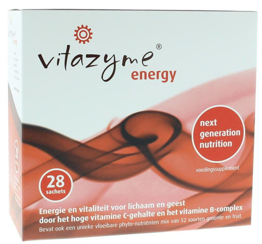 Vitazyme Energy multi-vitamin sachets, 28 count, featuring colorful sachets with vibrant branding for daily vitamin boost.