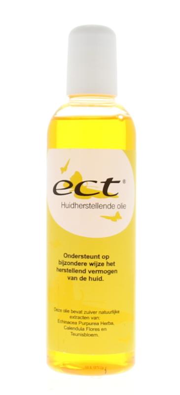 ECT Huidolie 200ml body care product with a clear bottle and natural oil, designed for nourishing and moisturizing skin.