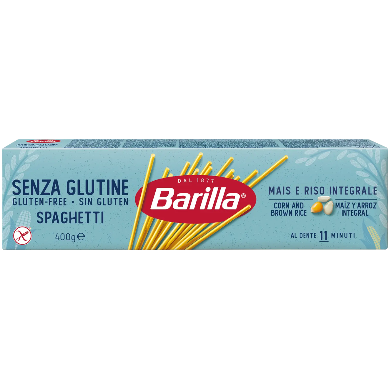 Gluten-free Barilla Spaghetti pasta in 400g pack, showcasing the pasta strands on a white background.