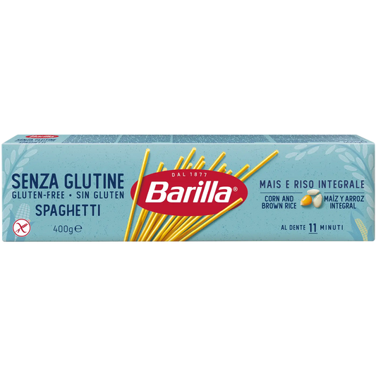 Gluten-free Barilla Spaghetti pasta in 400g pack, showcasing the pasta strands on a white background.