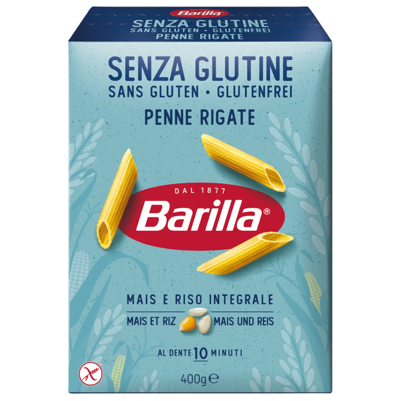 Barilla gluten-free penne rigate pasta in 400g package, showcasing uncooked pasta with ridged cylindrical shapes on a white background.