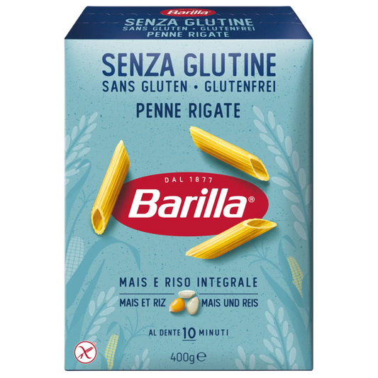 Barilla gluten-free penne rigate pasta in 400g package, showcasing uncooked pasta with ridged cylindrical shapes on a white background.