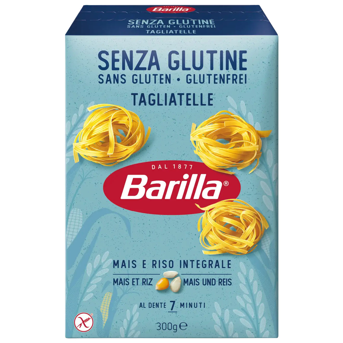 Gluten-free Barilla Tagliatelle pasta in 300g package, featuring long, flat ribbon-shaped pasta on a white background.