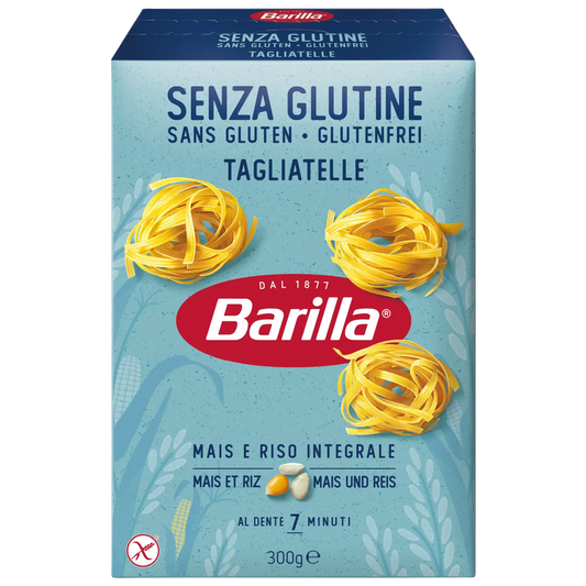 Gluten-free Barilla Tagliatelle pasta in 300g package, featuring long, flat ribbon-shaped pasta on a white background.