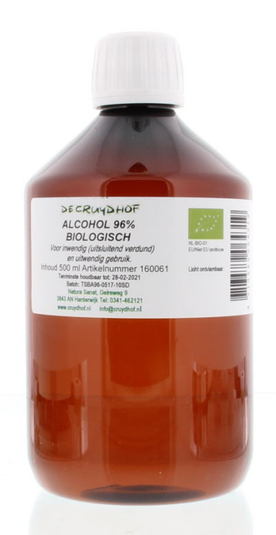 Cruydhof 96% alcohol disinfectant bottle, 500ml, for internal and external use, with clear label and cap.