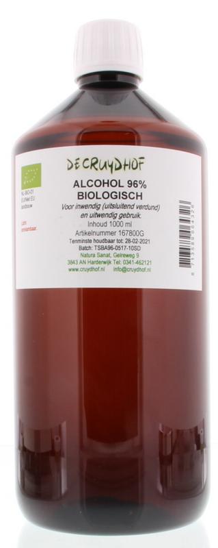 Cruydhof 96% alcohol disinfectant in 1-liter bio bottle, suitable for internal and external use, clear liquid in a plastic bottle.