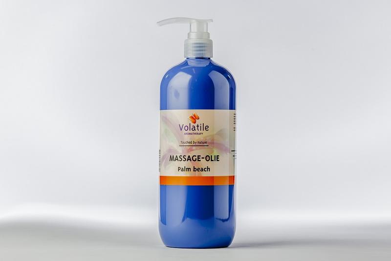 Volatile Palm Beach massage oil in a 1-liter bottle, a body care product with a smooth, moisturizing texture and tropical scent.