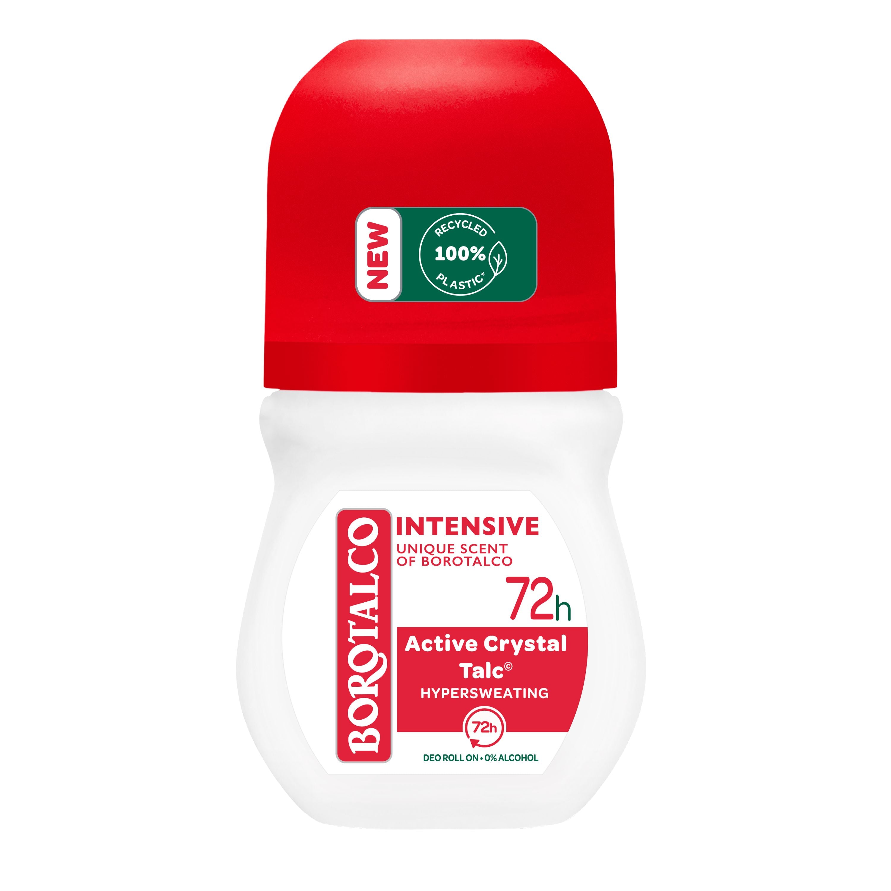 Borotalco Deodorant roller intensive 50ml, clear bottle with white cap and roller applicator, designed for long-lasting freshness.