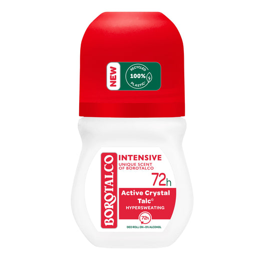 Borotalco Deodorant roller intensive 50ml, clear bottle with white cap and roller applicator, designed for long-lasting freshness.
