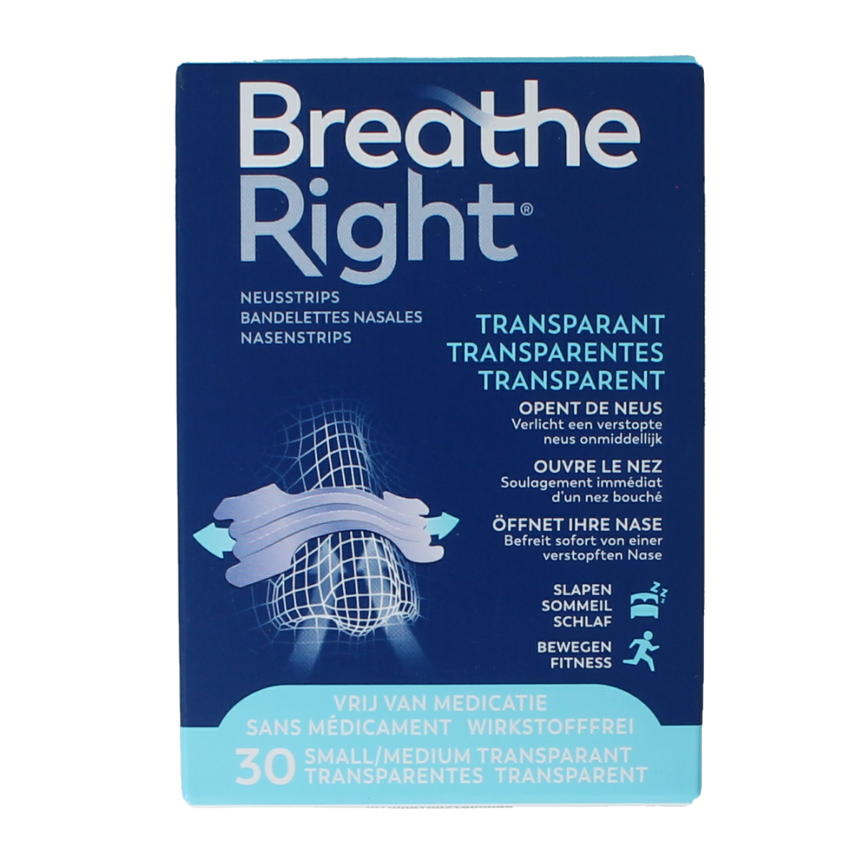 Breathe Right clear nasal strips for improved airflow, shown on a white background, 30-pack for nasal care and inhalation.