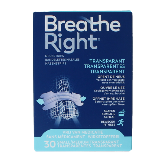 Breathe Right clear nasal strips for improved airflow, shown on a white background, 30-pack for nasal care and inhalation.