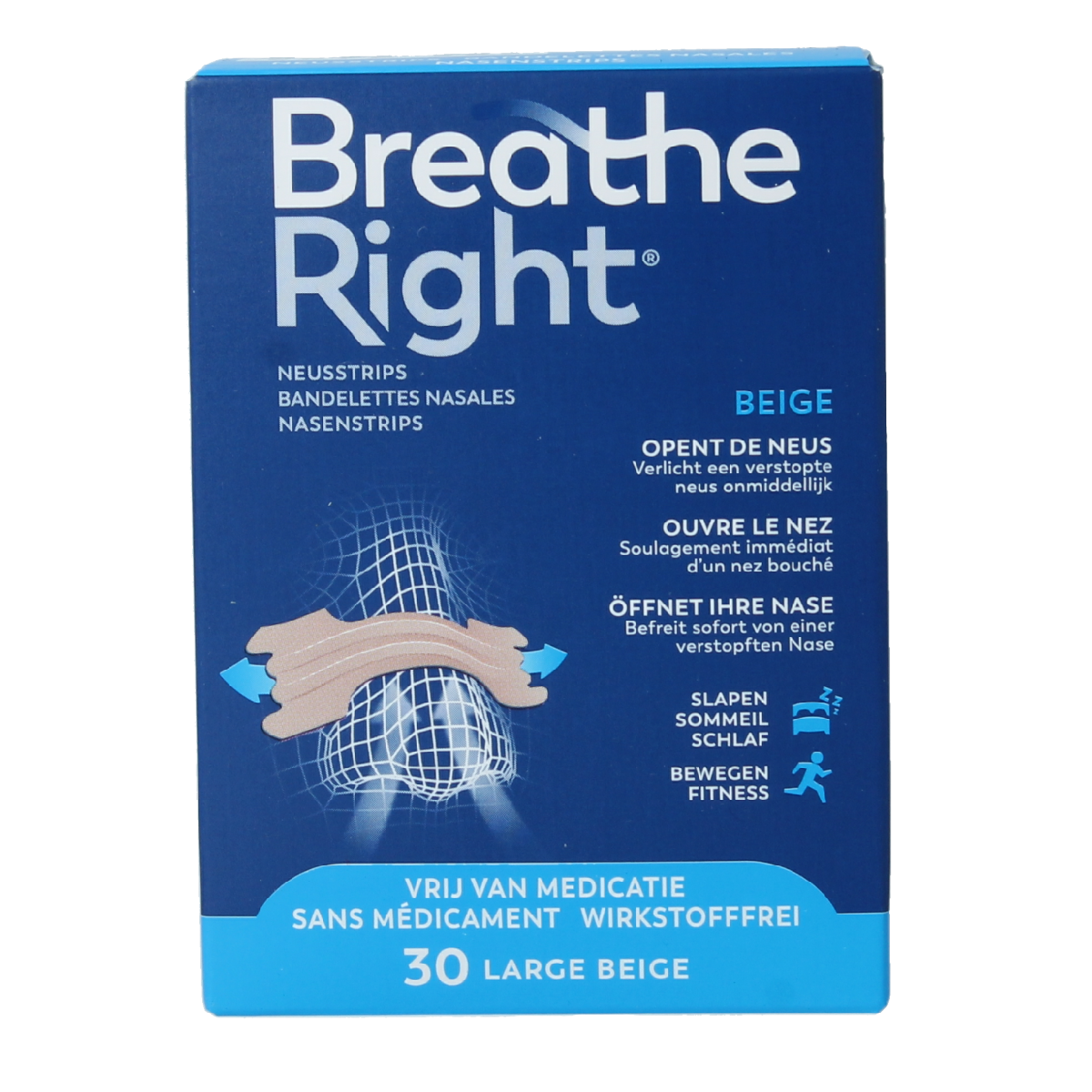 Breathe Right large nasal strips for nasal comfort, shown on the packaging, designed for nasal care and inhalation.