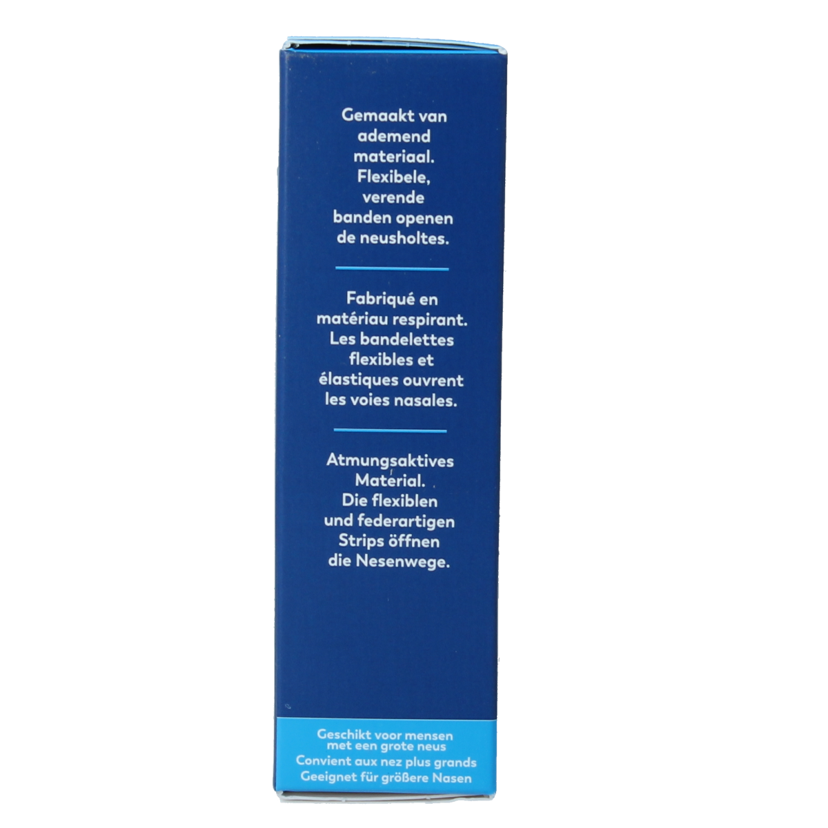 Breathe Right large nasal strips for better airflow, shown in packaging with 30 strips for nasal care and inhalation.