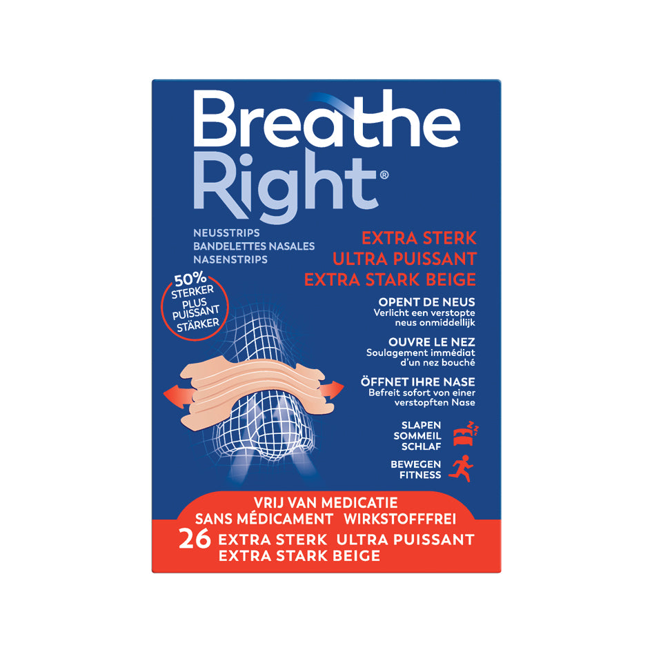 Breathe Right Neusstrips extra sterk, 26 pack, nasal breathing aids for congestion relief, shown on white background.