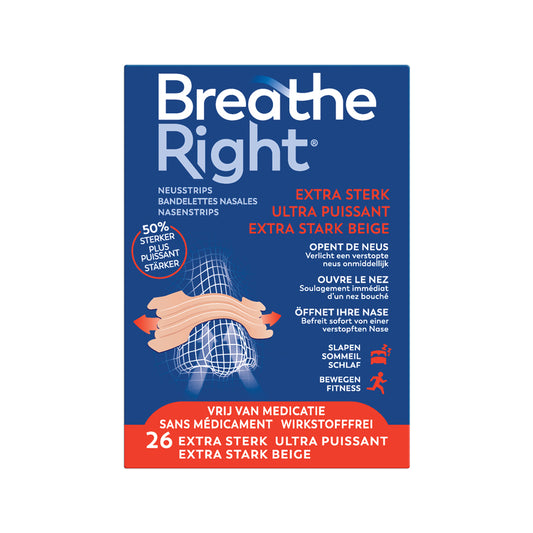 Breathe Right Neusstrips extra sterk, 26 pack, nasal breathing aids for congestion relief, shown on white background.