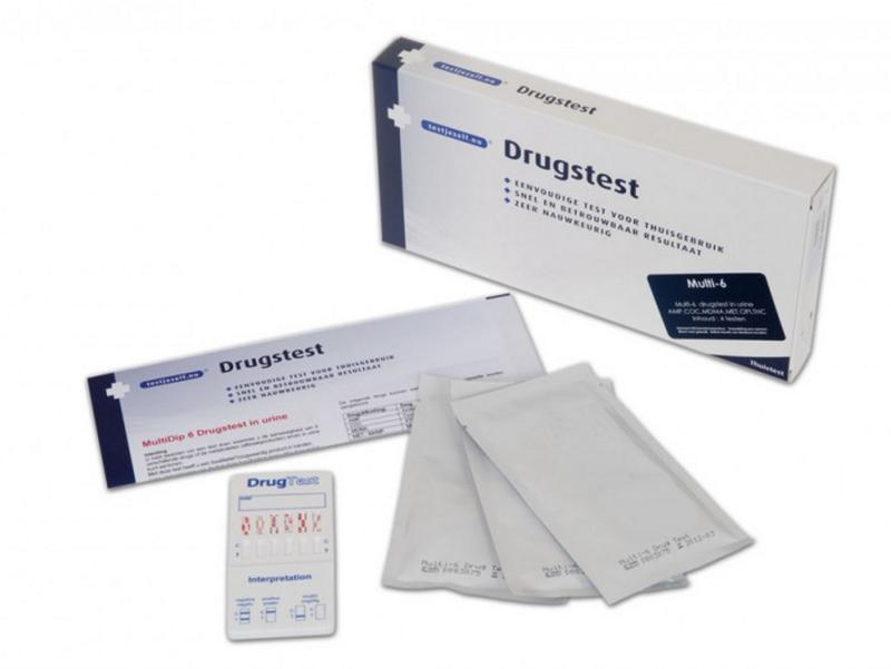 Testjezelf.nu Multidrugtest 6 urine self-test kits, showing packaging and testing strips for drug detection.