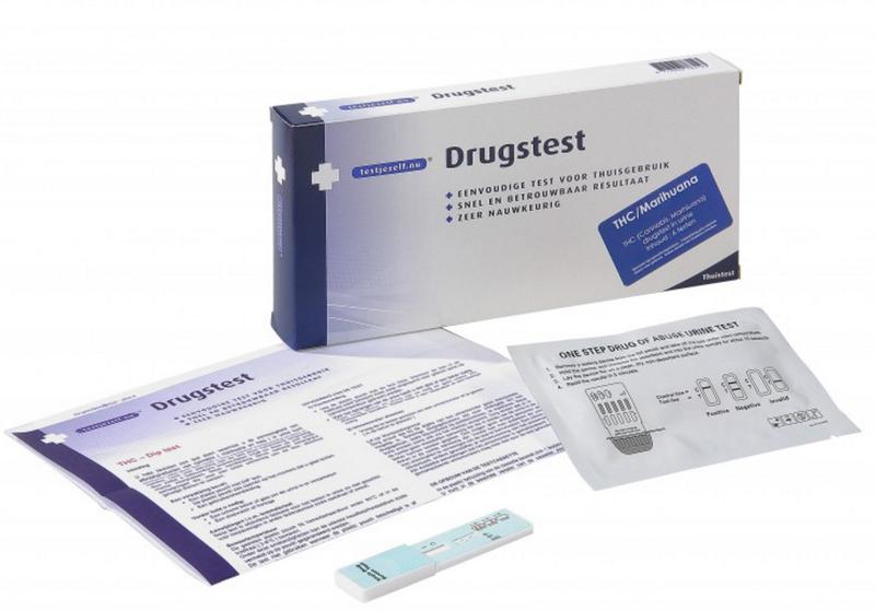 Testjezelf.nu THC drugtest kits for cannabis, 6-pack of self-testing strips with visible test strips and packaging.