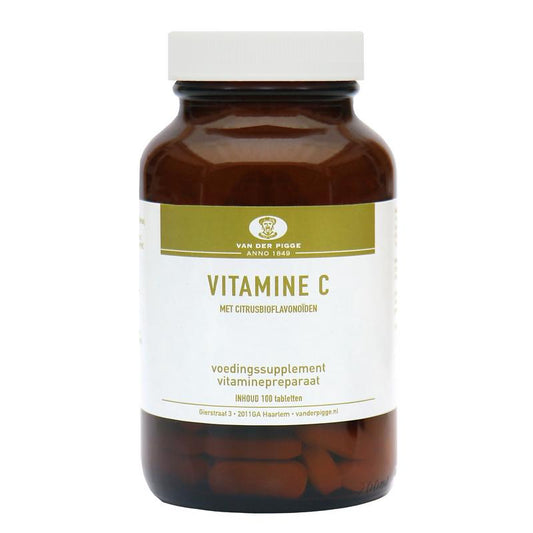 Van der Pigge Vitamin C 1000 mg tablets, 100-count, showing the bottle and tablets on a white background.