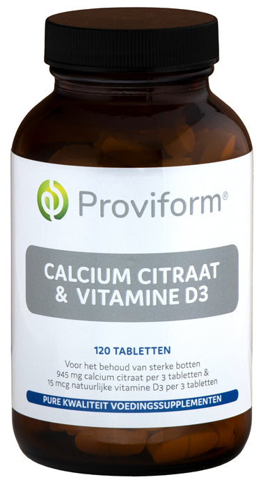 Proviform Calcium Citraat & D3 mineral tablets showing a bottle of Proviform supplement with tablets inside.