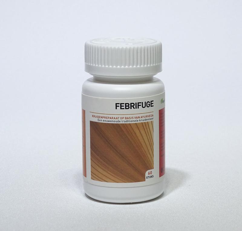 Ayurveda Health Febrifuge herbal tablets in a blister pack, natural remedy for fever relief, part of Ayurveda Health herbal preparations.