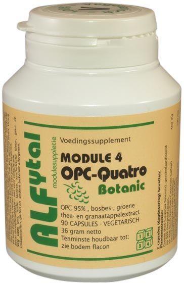 Alfytal OPC-quatro botanic herbal capsules containing 4 polyphenols, vegetarian supplement in a clear bottle with capsules visible.