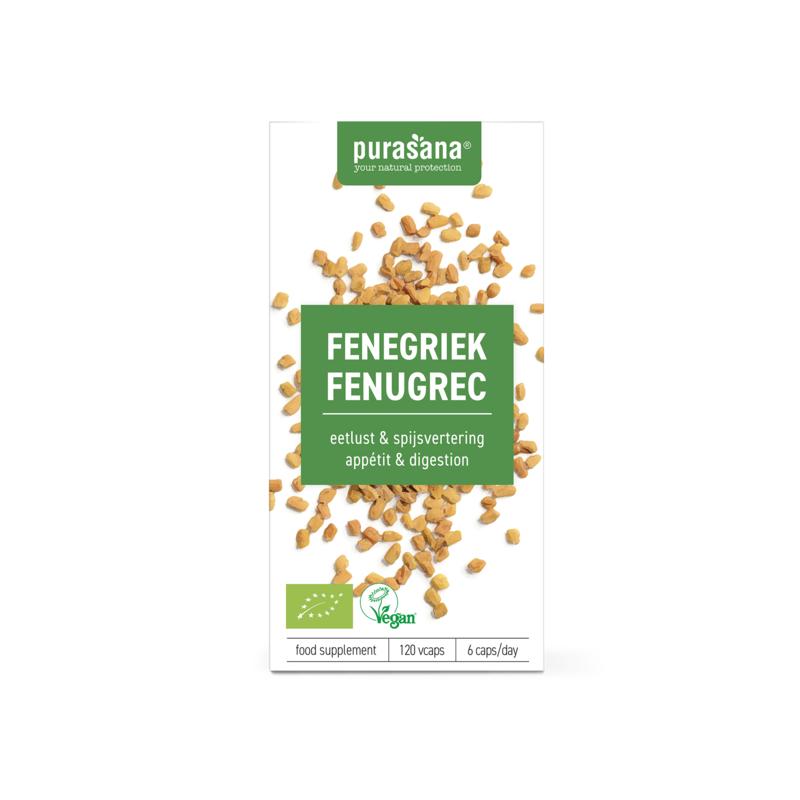 Purasana Fenegriek vegan bio herbal capsules in a jar, vegetarian supplement packaging with green label and capsules visible inside.