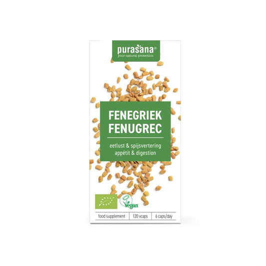 Purasana Fenegriek vegan bio herbal capsules in a jar, vegetarian supplement packaging with green label and capsules visible inside.