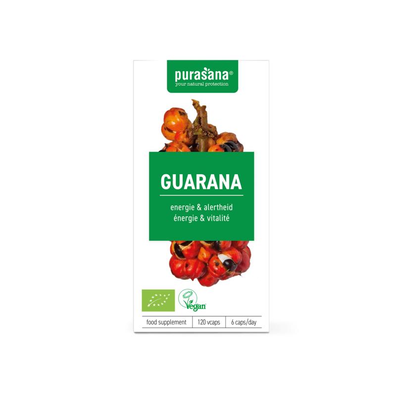 Purasana Guarana vegan bio herbal capsules in a bottle, featuring green and white packaging with capsules visible inside.