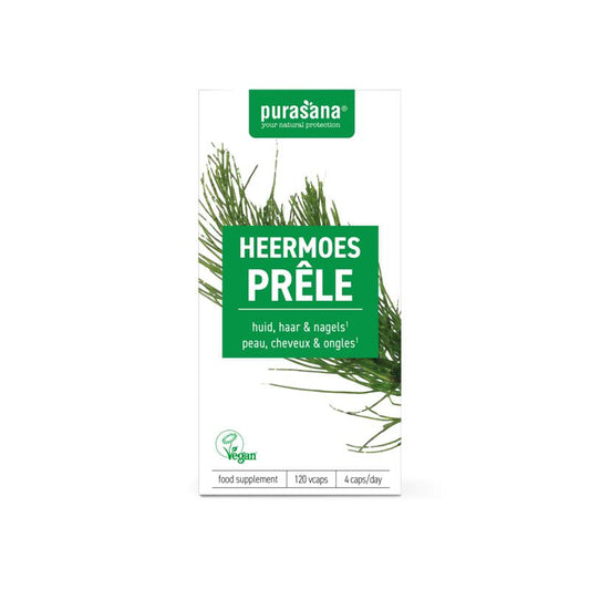 Purasana Heermoes vegan herbal capsules in a bottle, vegetarian supplement for herbal wellness, shown in the image.
