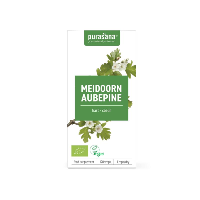 Purasana Meidoorn vegan bio herbal capsules in a bottle, natural supplement for heart health, vegetarian herbal preparation.